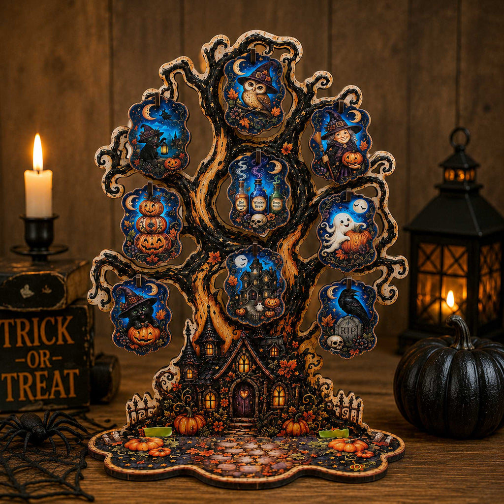 Halloween Haunted Tree Wooden Ornament Display – Handcrafted Tabletop Halloween Décor by G. Debrekht – 8091524