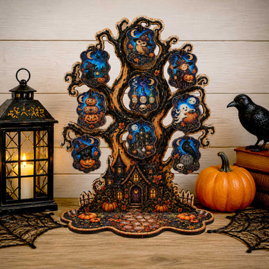 Halloween Haunted Tree Wooden Ornament Display – Handcrafted Tabletop Halloween Décor by G. Debrekht – 8091524