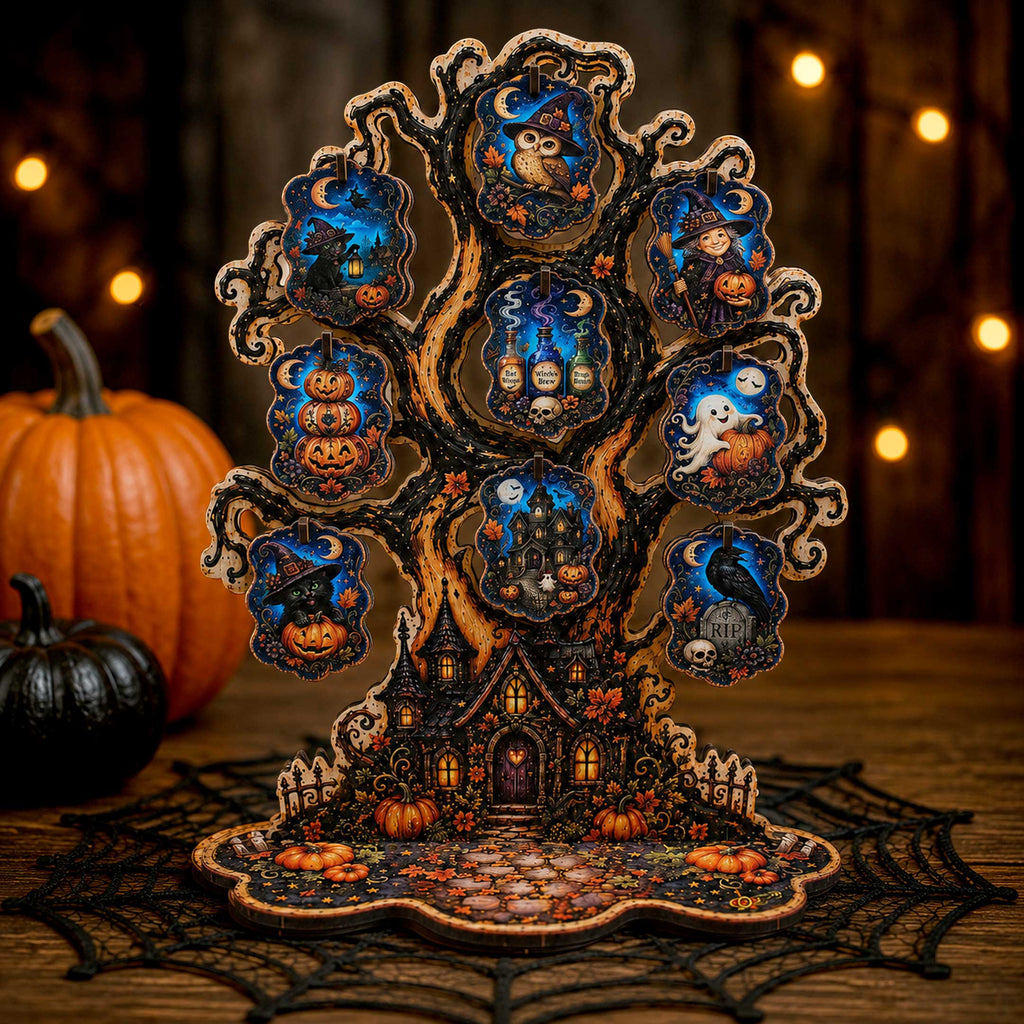Halloween Haunted Tree Wooden Ornament Display – Handcrafted Tabletop Halloween Décor by G. Debrekht – 8091524