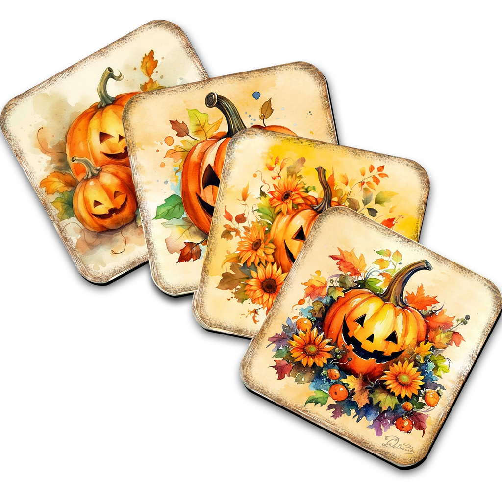 four square coasters with autumn-themed designs, featuring pumpkins, sunflowers, and leaves.