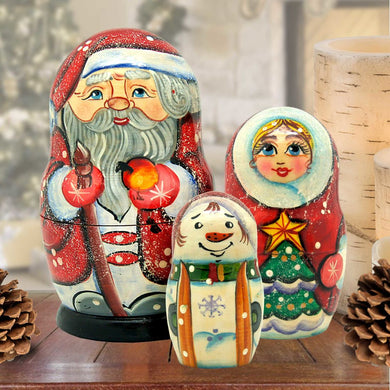 Santa Family Matreshka Nesting Hand-Painted Doll Set of 3 by G. DeBrekht - Christmas Santa Snowman Decor - 110572