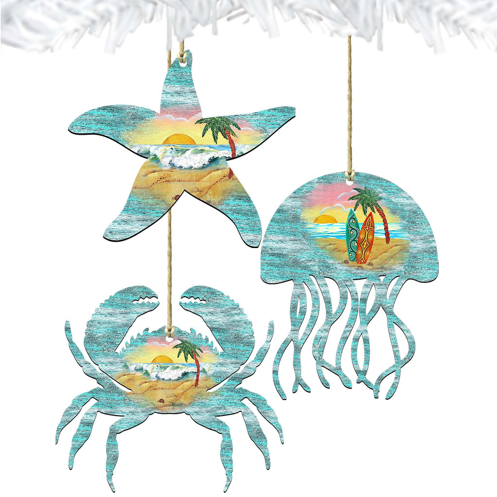 Coastal Wooden Ornaments-Starfish,Jellyfish,Crab-Set of 3 by G. DeBrekht - Coastal Holiday Décor - 8100046S3