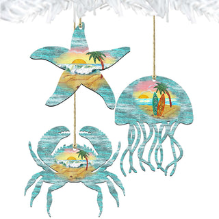 Coastal Wooden Ornaments-Starfish,Jellyfish,Crab-Set of 3 by G. DeBrekht - Coastal Holiday Décor - 8100046S3