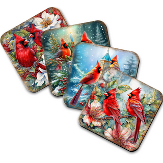 four square coasters featuring vibrant illustrations of red cardinals perched on branches with flowers and foliage.