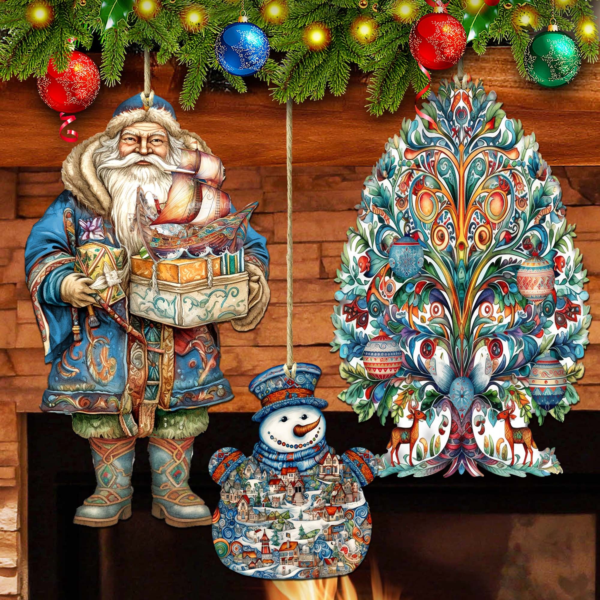 American-Style Snowman Santa Wood Carved Figurine by G. Debrekht | Christmas Santa Snowman Décor - 8208013