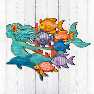 Colorful mermaid coastal wall decor with tropical fish, dolphin, and sea turtle, handcrafted by GDebrekht Artistic Studio. Made in the USA, this nautical door hanger features vivid ocean life details and weathered wood texture, perfect for coastal holiday decor, beach house accents, or undersea-themed gifts. Ideal for indoor or outdoor coastal door decorations.