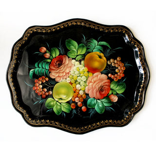Authentic Zhostovo Floral Hand-Painted Metal Tray - 18x14 Kitchenware and Gift - Handmade Decorative Art One-of-a-Kind Work of Art by G. Debrekht Functional Kitchenware Table and Unique Wall Decor