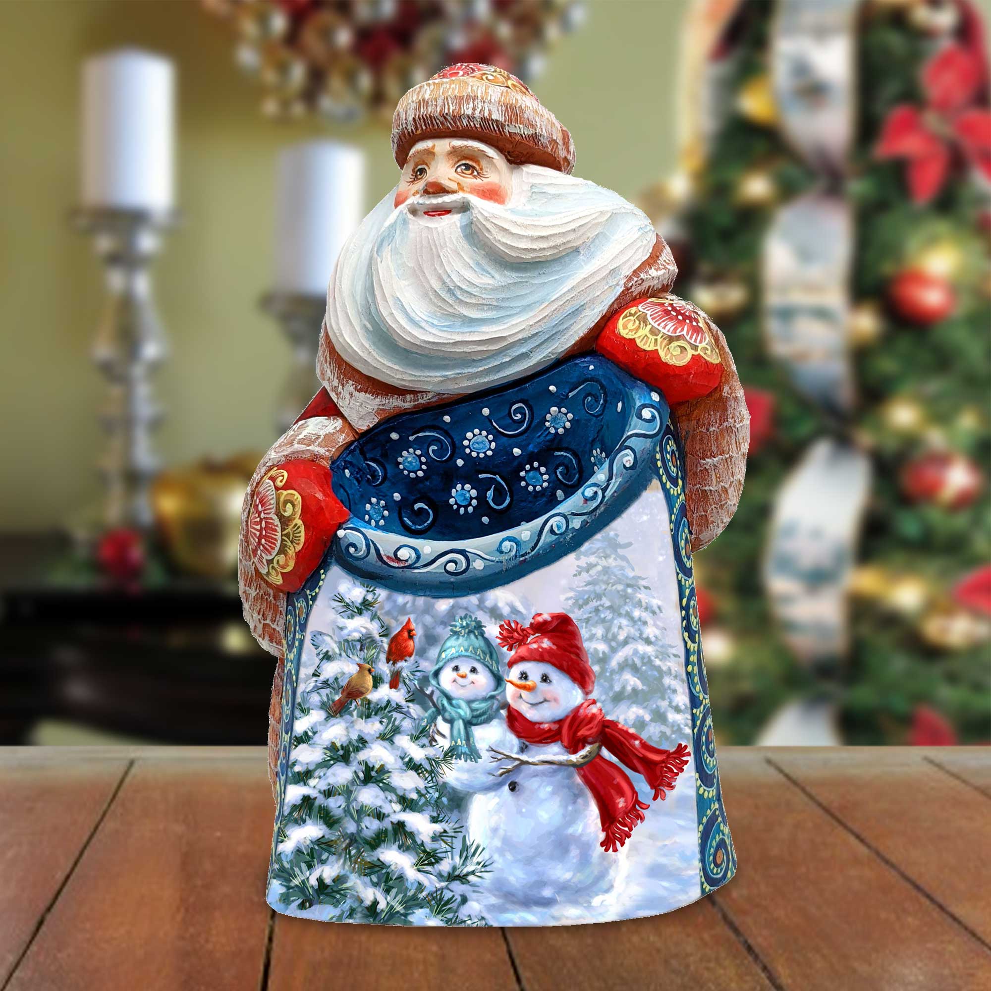 American-Style Snowman Santa Wood Carved Figurine by G. Debrekht | Christmas Santa Snowman Décor - 8208013