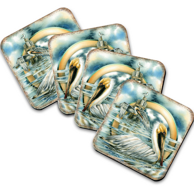 a collection of four square coasters, each featuring a different image of a pelican.
