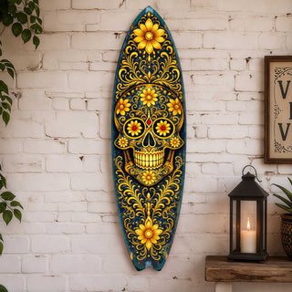Gold Floral Sugar Skull Surfboard Wall Art - Day of the Dead Decor - Handcrafted Coastal Wooden Decor by G.DeBrekht – 8490169HS