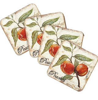 four square coasters with a vintage design featuring illustrations of peaches and leaves.