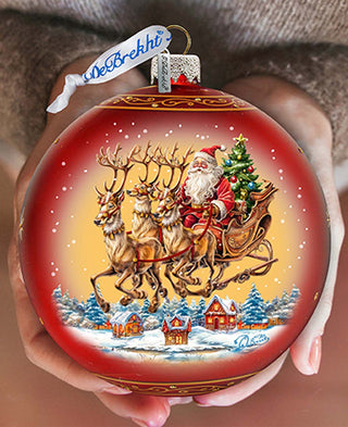 Santa on Sleigh Lg Glass Ornament by G.Debrekht - Christmas Santa Snowman Decor - 73938
