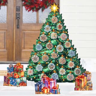 A large, colorful Christmas tree decorated with various ornaments and lights, surrounded by a pile of wrapped presents and a wreath.
