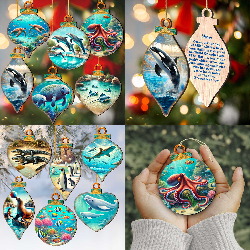 Ocean & Marine Life Eco Wood Christmas Ornaments Set of 12 – Handcrafted Coastal Décor by G.DeBrekht - 8610105-S12