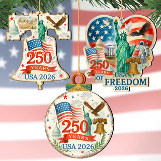 Patriotic 250 Years of Freedom Wooden Ornaments – USA 250th Anniversary 2026 Set of 3 – Handcrafted in USA – 8610108-S3