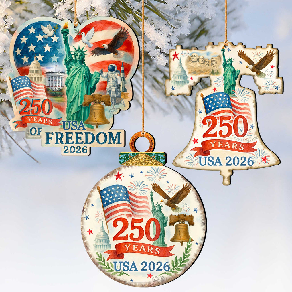 Patriotic Wooden Ornaments – USA 250th Anniversary Handcrafted Holiday Set of 3 in Gift Box - 8091132-S3