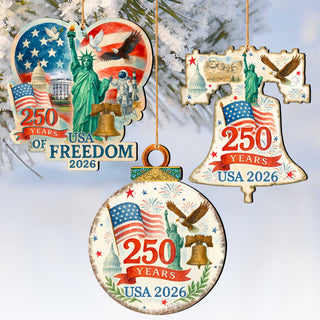 Patriotic 250 Years of Freedom Wooden Ornaments – USA 250th Anniversary 2026 Set of 3 – Handcrafted in USA – 8610108-S3