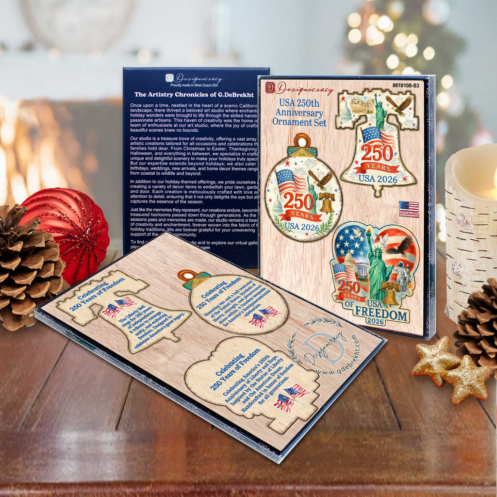 Patriotic Wooden Ornaments – USA 250th Anniversary Handcrafted Holiday Set of 3 in Gift Box - 8091132-S3