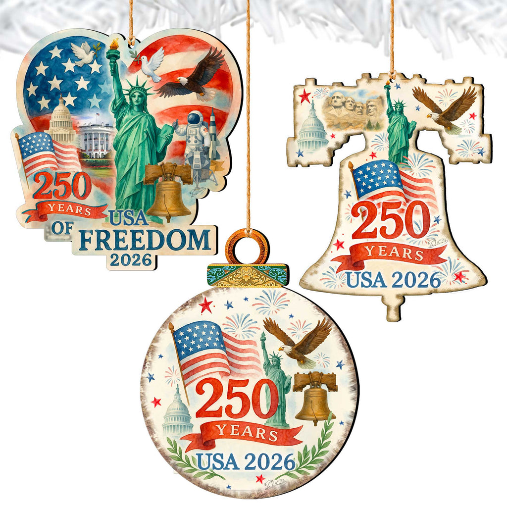 Patriotic Wooden Ornaments – USA 250th Anniversary Handcrafted Holiday Set of 3 in Gift Box - 8091132-S3