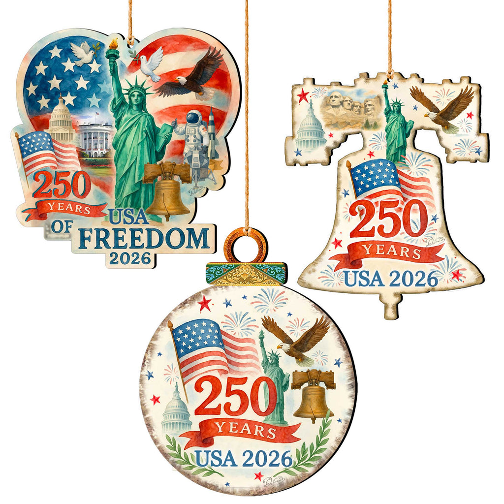 Patriotic Wooden Ornaments – USA 250th Anniversary Handcrafted Holiday Set of 3 in Gift Box - 8091132-S3