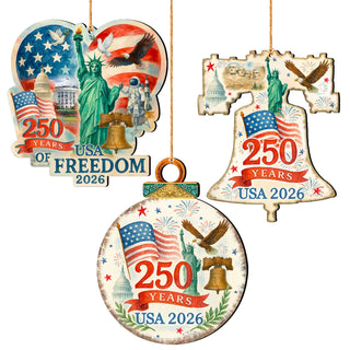 Patriotic Wooden Ornaments – USA 250th Anniversary Handcrafted Holiday Set of 3 in Gift Box - 8091132-S3