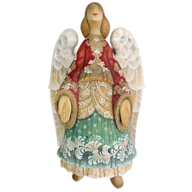 A wooden figurine of an angel with wings, wearing a red and gold dress and holding a heart-shaped object.