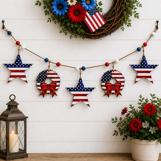 a festive arrangement of American-themed decorations, including star-shaped ornaments, wreaths, and a wreath, all hanging on a wall. A lantern is also present in the scene, adding to the patriotic ambiance.