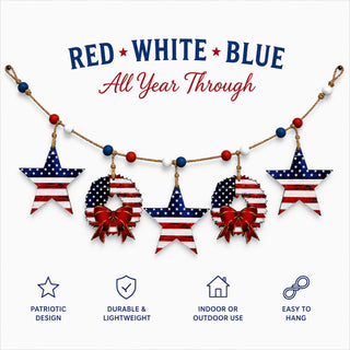 a patriotic design with red, white, and blue elements, including stars, wreaths, and bows. The text 