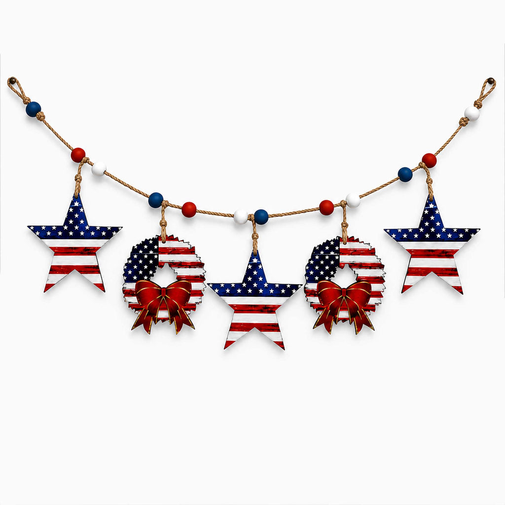 A string of decorative American flag-themed ornaments, including stars and wreaths, suspended from a string.