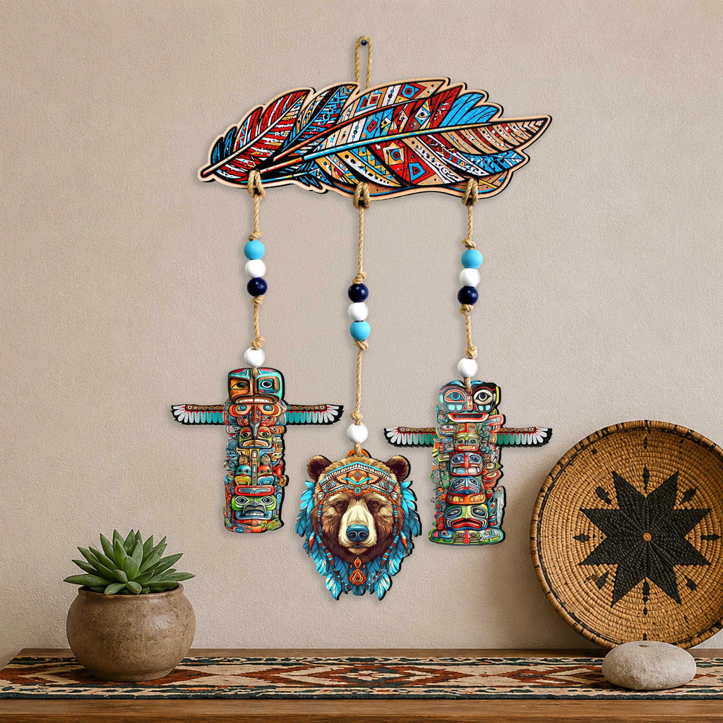 Woodland Bear & Totem Wooden Wall Hanger with Feather Design – Rustic Lodge Décor – 862103-S4