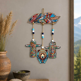 Woodland Bear & Totem Wooden Wall Hanger with Feather Design – Rustic Lodge Décor – 862103-S4
