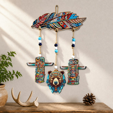 Woodland Bear & Totem Wooden Wall Hanger with Feather Design – Rustic Lodge Décor – 862103-S4