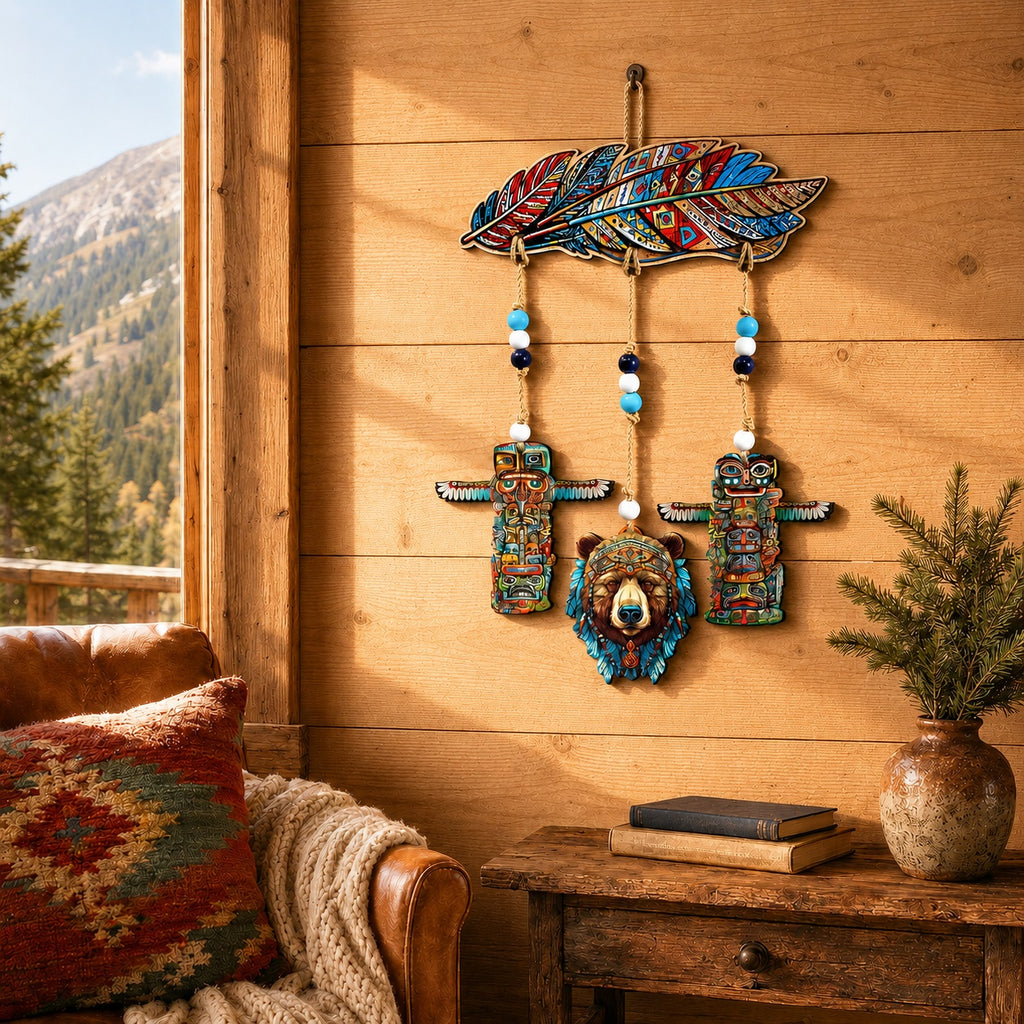 Woodland Bear & Totem Wooden Wall Hanger with Feather Design – Rustic Lodge Décor – 862103-S4