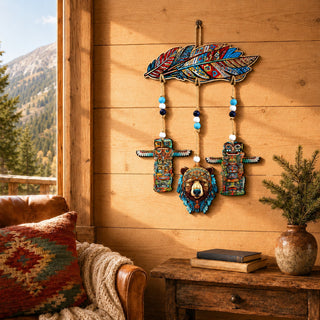 Woodland Bear & Totem Wooden Wall Hanger with Feather Design – Rustic Lodge Décor – 862103-S4