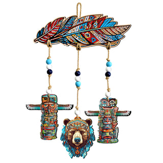Woodland Bear & Totem Wooden Wall Hanger with Feather Design – Rustic Lodge Décor – 862103-S4