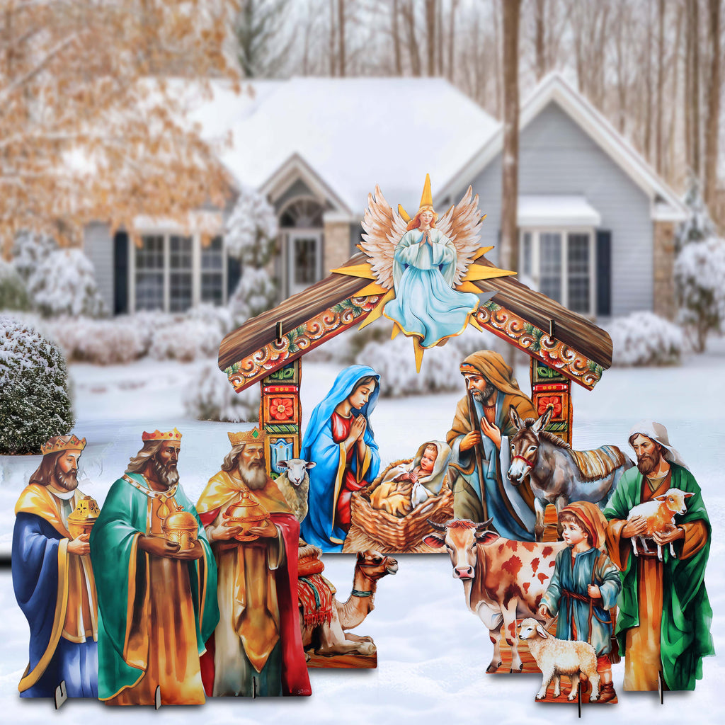 Life-Size Illustrated Holy Family Outdoor Complete NATIVITY Set – Handcrafted Christmas Yard Display by G. DeBrekht - Nativity Holiday Decor - 8621038F-S13-XXLG