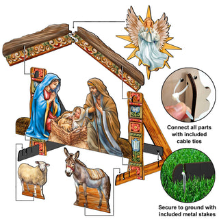 Life-Size Illustrated Holy Family Outdoor Complete NATIVITY Set – Handcrafted Christmas Yard Display by G. DeBrekht - Nativity Holiday Decor - 8621038F-S13-XXLG