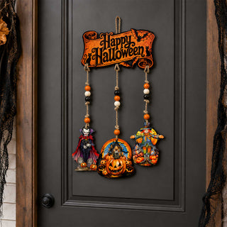 Happy Halloween Wooden Wall Hanger with 3 Hanging Decorations – Handcrafted Halloween Décor – 862104-S4