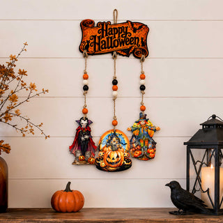 Happy Halloween Wooden Wall Hanger with 3 Hanging Decorations – Handcrafted Halloween Décor – 862104-S4