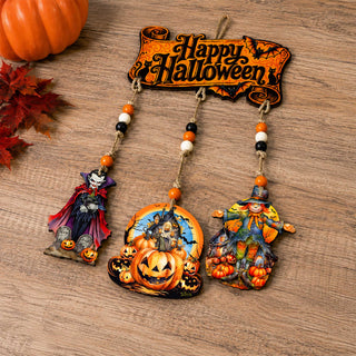Happy Halloween Wooden Wall Hanger with 3 Hanging Decorations – Handcrafted Halloween Décor – 862104-S4