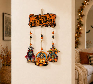 Happy Halloween Wooden Wall Hanger with 3 Hanging Decorations – Handcrafted Halloween Décor – 862104-S4