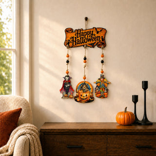 Happy Halloween Wooden Wall Hanger with 3 Hanging Decorations – Handcrafted Halloween Décor – 862104-S4