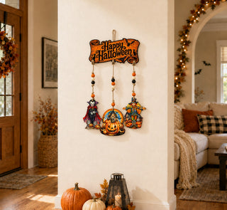 Happy Halloween Wooden Wall Hanger with 3 Hanging Decorations – Handcrafted Halloween Décor – 862104-S4