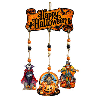 Happy Halloween Wooden Wall Hanger with 3 Hanging Decorations – Handcrafted Halloween Décor – 862104-S4