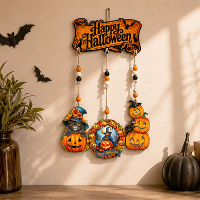 Happy Halloween Wooden Wall Hanger with 3 Pumpkin Decorations – Handcrafted Halloween Décor – 862105-S4