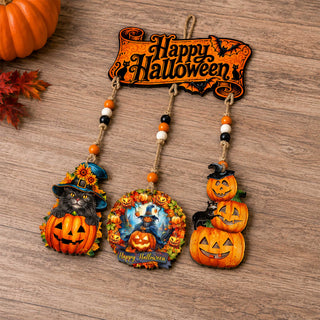 Happy Halloween Wooden Wall Hanger with 3 Pumpkin Decorations – Handcrafted Halloween Décor – 862105-S4