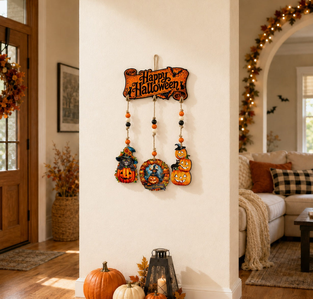 Happy Halloween Wooden Wall Hanger with 3 Pumpkin Decorations – Handcrafted Halloween Décor – 862105-S4