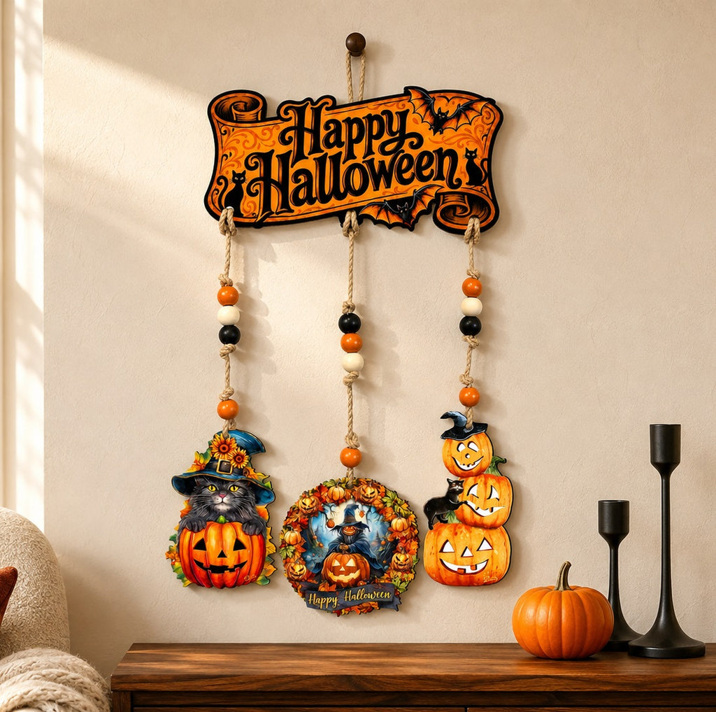Happy Halloween Wooden Wall Hanger with 3 Pumpkin Decorations – Handcrafted Halloween Décor – 862105-S4