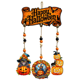 Happy Halloween Wooden Wall Hanger with 3 Pumpkin Decorations – Handcrafted Halloween Décor – 862105-S4