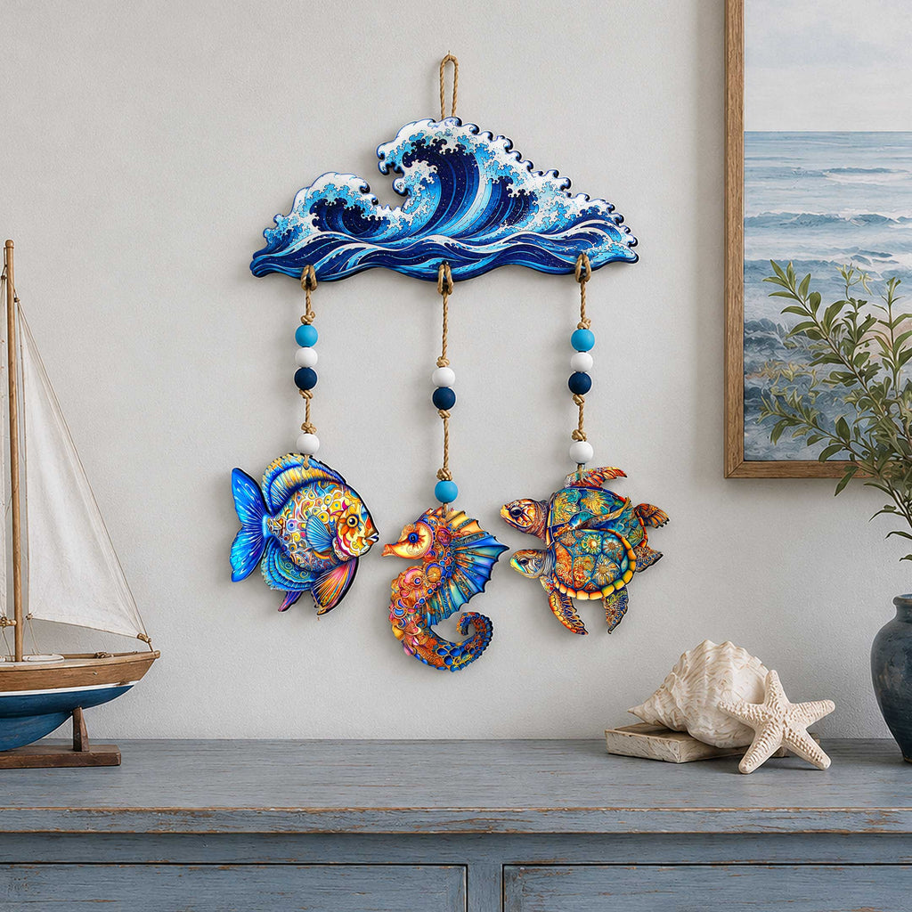 Ocean Wave Wooden Wall Hanger with Fish, Seahorse & Sea Turtles – Coastal Décor – 862106-S4